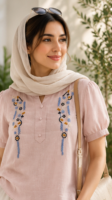 تیشرت شانتون گلدوزی سه دکمه